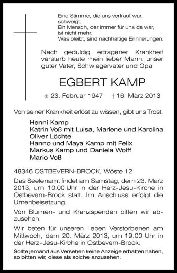 Todesanzeige von Egbert Kamp von Westfälische Nachrichten