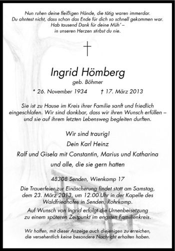 Todesanzeige von Ingrid Hömberg von Westfälische Nachrichten