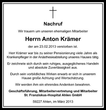Todesanzeige von Anton Krämer von Westfälische Nachrichten