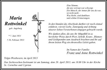 Todesanzeige von Maria Rottwinkel von Westfälische Nachrichten