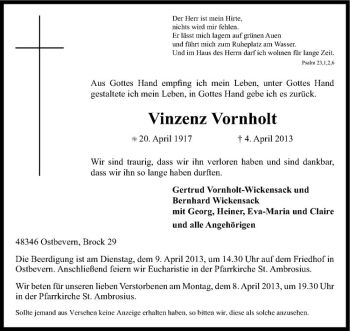 Todesanzeige von Vinzenz Vornholt von Westfälische Nachrichten