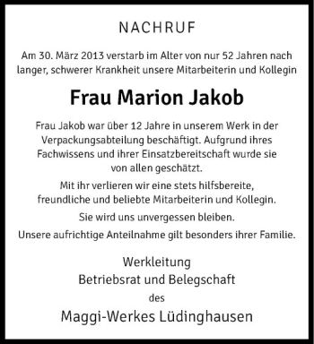 Todesanzeige von Marion Jakob von Westfälische Nachrichten