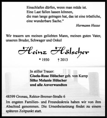 Todesanzeige von Heinz Hölscher von Westfälische Nachrichten