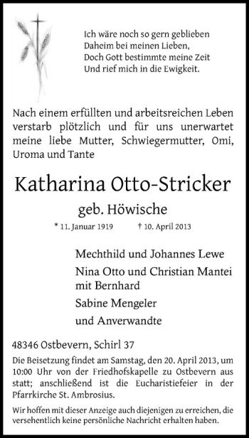Todesanzeige von Katharina Otto-Stricker von Westfälische Nachrichten