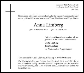 Todesanzeige von Anna Limberg von Westfälische Nachrichten