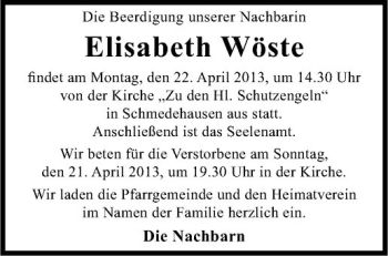 Todesanzeige von Elisabeth Wöste von Westfälische Nachrichten
