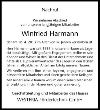 Todesanzeige von Winfried Harmann von Westfälische Nachrichten