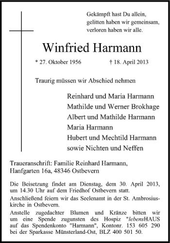 Todesanzeige von Winfried Harmann von Westfälische Nachrichten