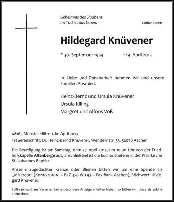 Todesanzeige von Hildegard Knüvener von Westfälische Nachrichten