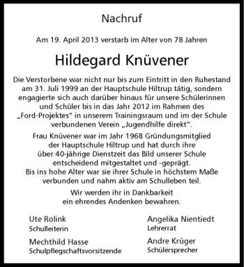 Todesanzeige von Hildegard Knüvener von Westfälische Nachrichten