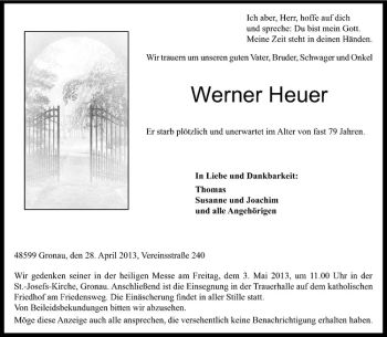 Todesanzeige von Werner Heuer von Westfälische Nachrichten
