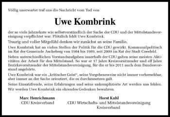 Todesanzeige von Uwe Kombrink von Westfälische Nachrichten