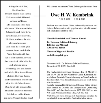 Todesanzeige von Uwe H.W. Kombrink von Westfälische Nachrichten