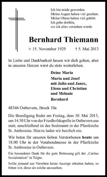 Todesanzeige von Bernhard Thiemann von Westfälische Nachrichten