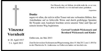 Todesanzeige von Vinzenz Vornholt von Westfälische Nachrichten