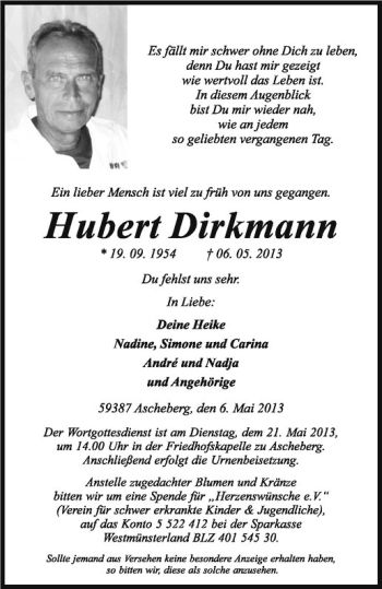 Todesanzeige von Hubert Dirkmann von Westfälische Nachrichten