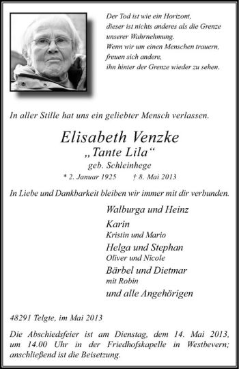 Todesanzeige von Elisabeth Venzke von Westfälische Nachrichten