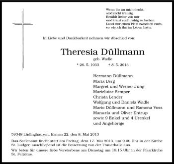 Todesanzeige von Theresia Düllmann von Westfälische Nachrichten