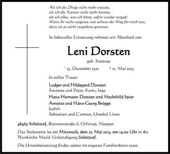 Todesanzeige von Leni Dorsten von Westfälische Nachrichten