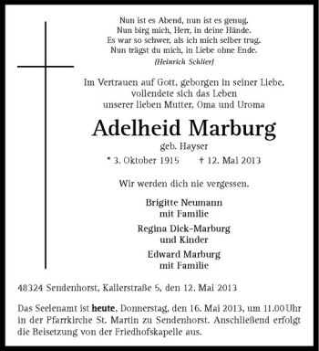 Todesanzeige von Adelhied Marburg von Westfälische Nachrichten