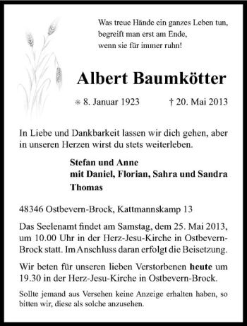 Todesanzeige von Albert Baumkötter von Westfälische Nachrichten