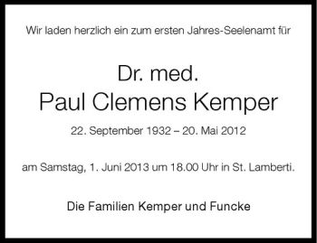 Todesanzeige von Paul Clemens Kemper von Westfälische Nachrichten