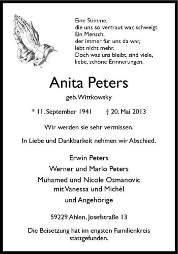 Todesanzeige von Anita Peters von Westfälische Nachrichten