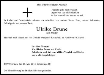 Todesanzeige von Ulrike Brune von Westfälische Nachrichten