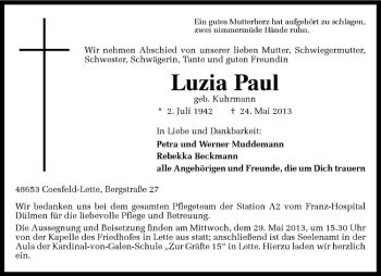 Todesanzeige von Luzia Paul von Westfälische Nachrichten