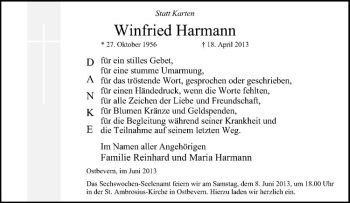 Todesanzeige von Winfried Harmann von Westfälische Nachrichten