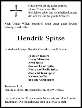 Todesanzeige von Hendrik Spitse von Westfälische Nachrichten