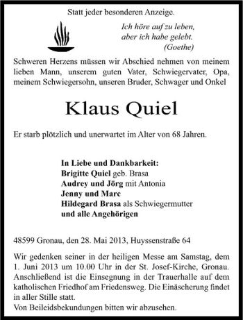 Todesanzeige von Klaus Quiel von Westfälische Nachrichten