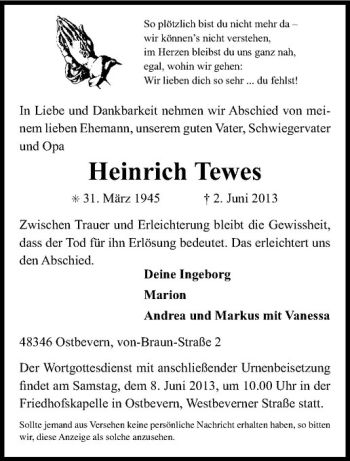 Todesanzeige von Heinrich Tewes von Westfälische Nachrichten