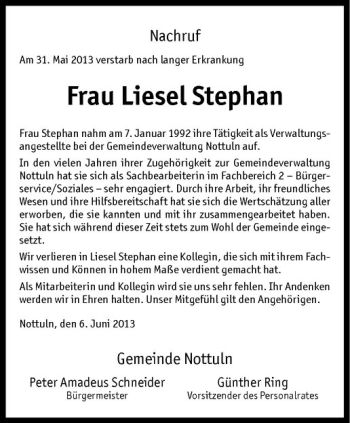 Todesanzeige von Liesel Stephan von Westfälische Nachrichten