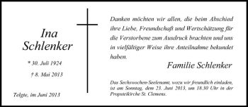 Todesanzeige von Ina Schlenker von Westfälische Nachrichten