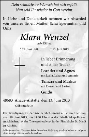 Todesanzeige von Klara Wenzel von Westfälische Nachrichten