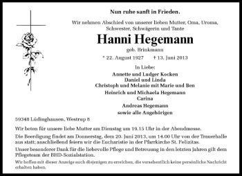 Todesanzeige von Hanni Hegemann von Westfälische Nachrichten