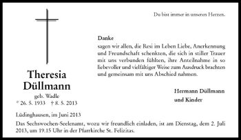 Todesanzeige von Theresia Düllmann von Westfälische Nachrichten