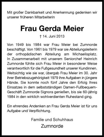 Todesanzeige von Gerda Meier von Westfälische Nachrichten