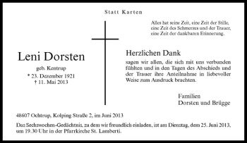 Todesanzeige von Leni Dorsten von Westfälische Nachrichten