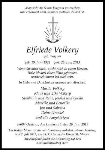 Todesanzeige von Elfriede Volkery von Westfälische Nachrichten