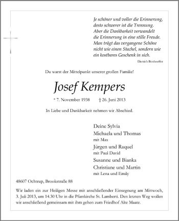 Todesanzeige von Josef Kempers von Westfälische Nachrichten