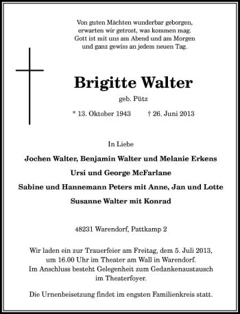 Todesanzeige von Brigitte Walter von Westfälische Nachrichten