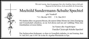 Todesanzeige von Mechthild Sundermann-Schulte Spechtel von Westfälische Nachrichten