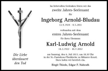 Todesanzeige von Ingeborg Arnold-Bludau von Westfälische Nachrichten