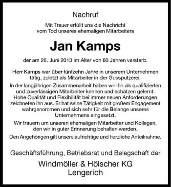 Todesanzeige von Jan Kamps von Westfälische Nachrichten