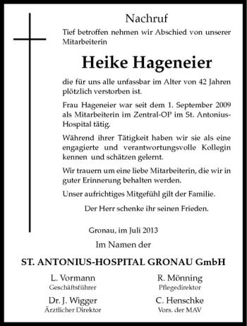 Todesanzeige von Heike Hageneier von Westfälische Nachrichten