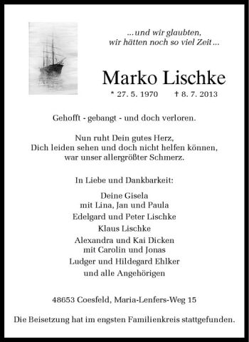 Todesanzeige von Marko Lischke von Westfälische Nachrichten