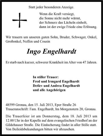 Todesanzeige von Ingo Engelhardt von Westfälische Nachrichten