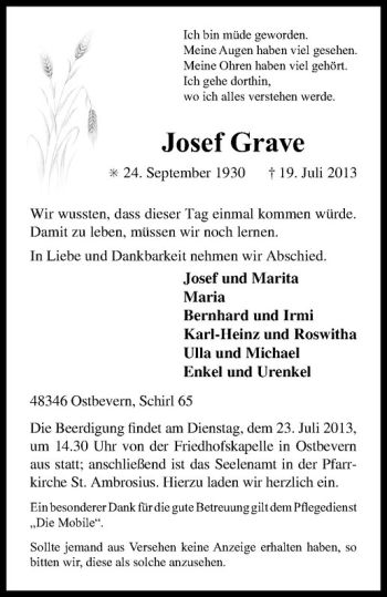 Todesanzeige von Josef Grave von Westfälische Nachrichten